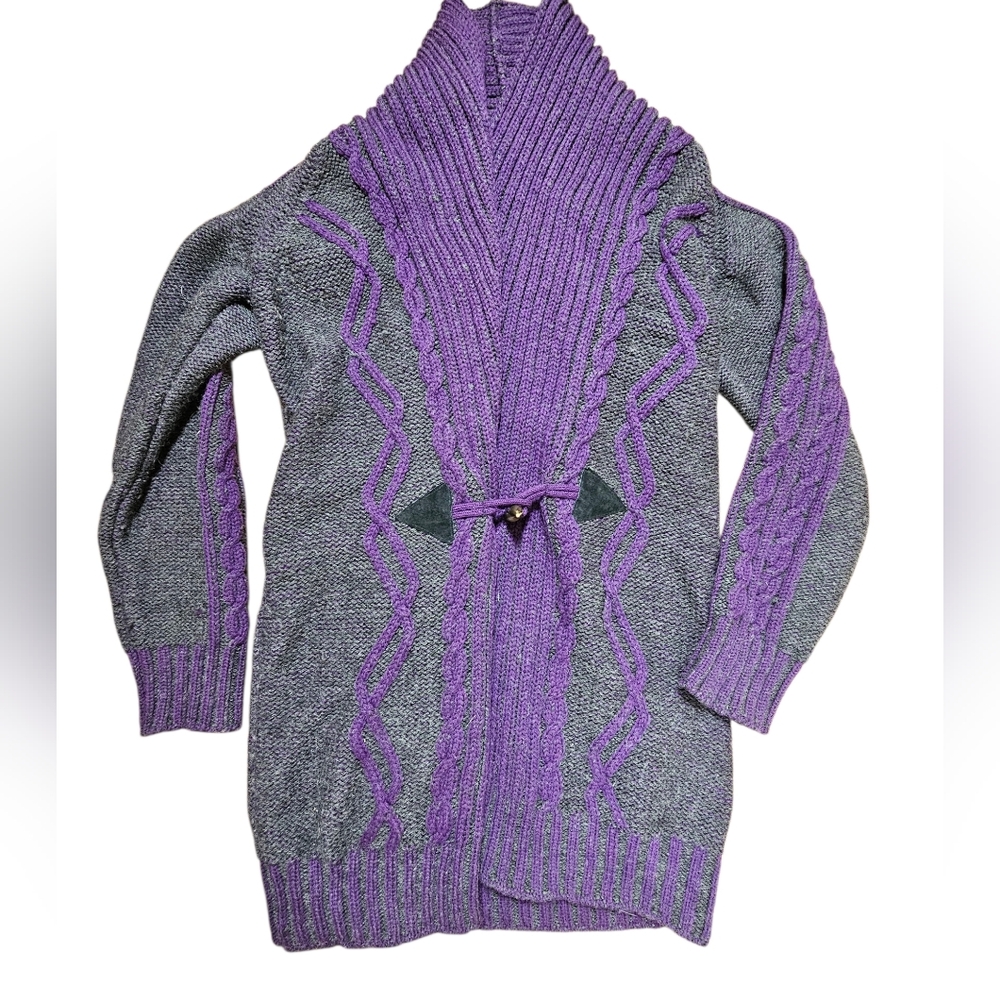 Aran Ireland VTG Merino Wool Purple Gray Cable Knit Wooden Button‎ Cardigan Sz S